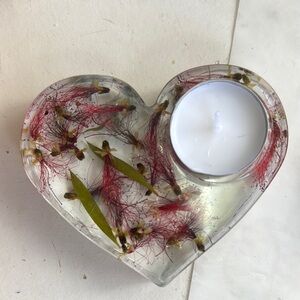 Heart Shaped Resin Tealight or Sphere Holder with Embedded Gorgeous Red Blossoms